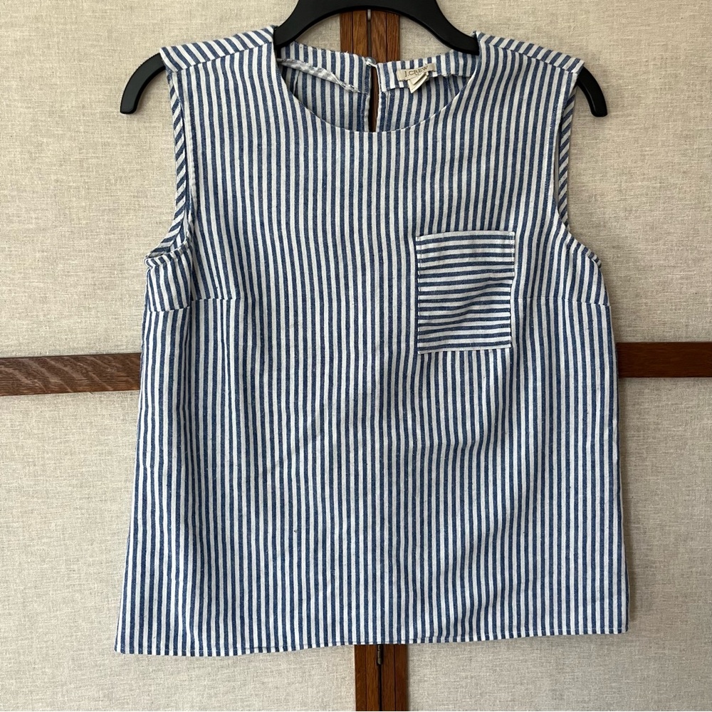 J. Crew Factory Engineer Striped Shell Tank Top Blue White Linen Sleeveless - 2 - Picture 2 of 10